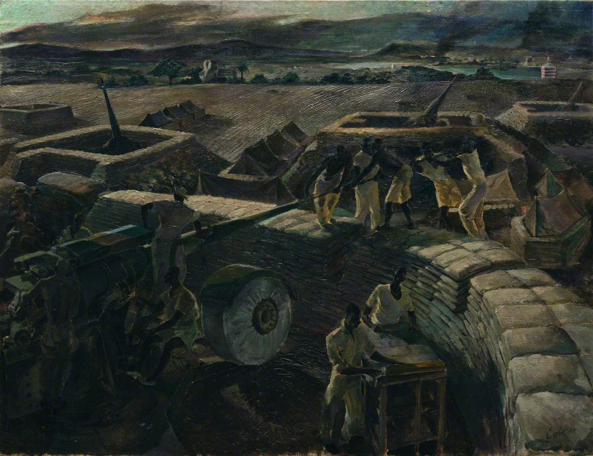 Bechuanaland Boys Cleaning Anti-Aircraft Guns in the Twilight after Action, Syracuse, Sicily