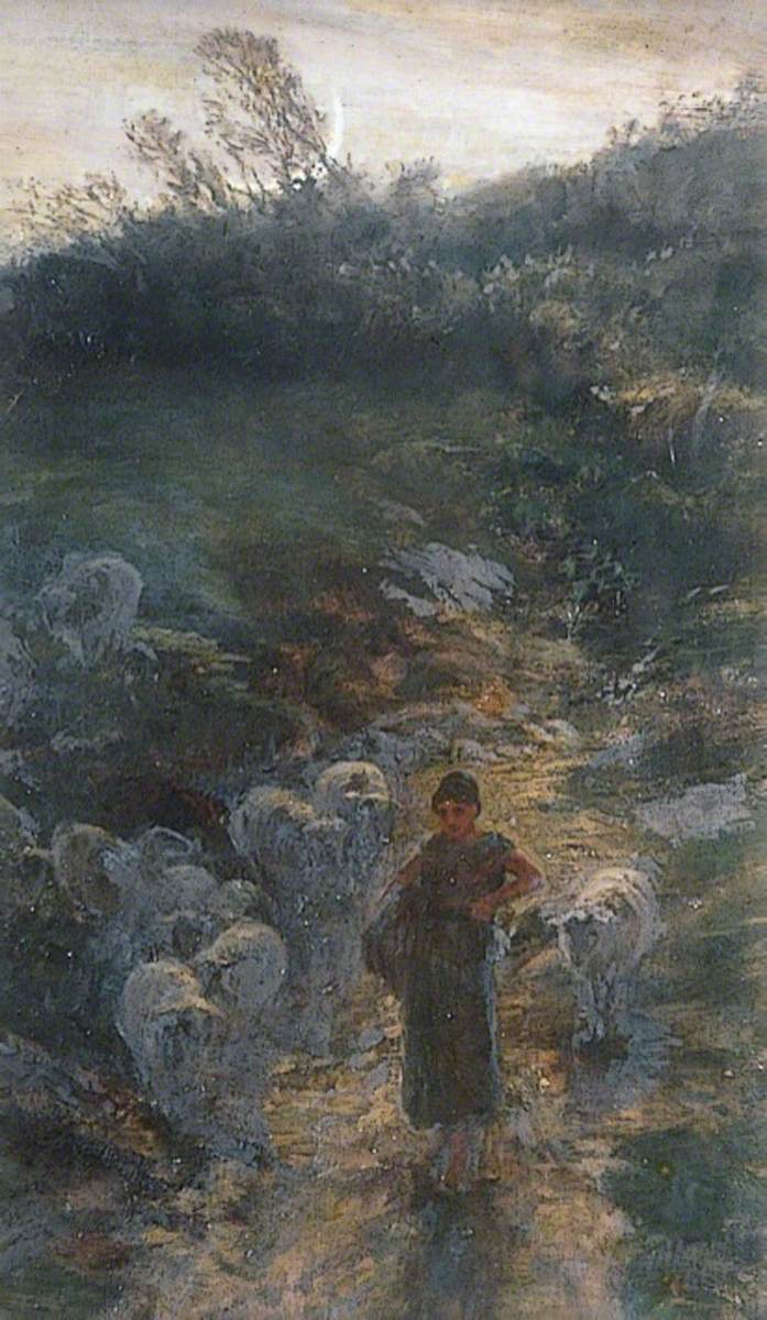 Shepherd Girl with Sheep in Moonlight