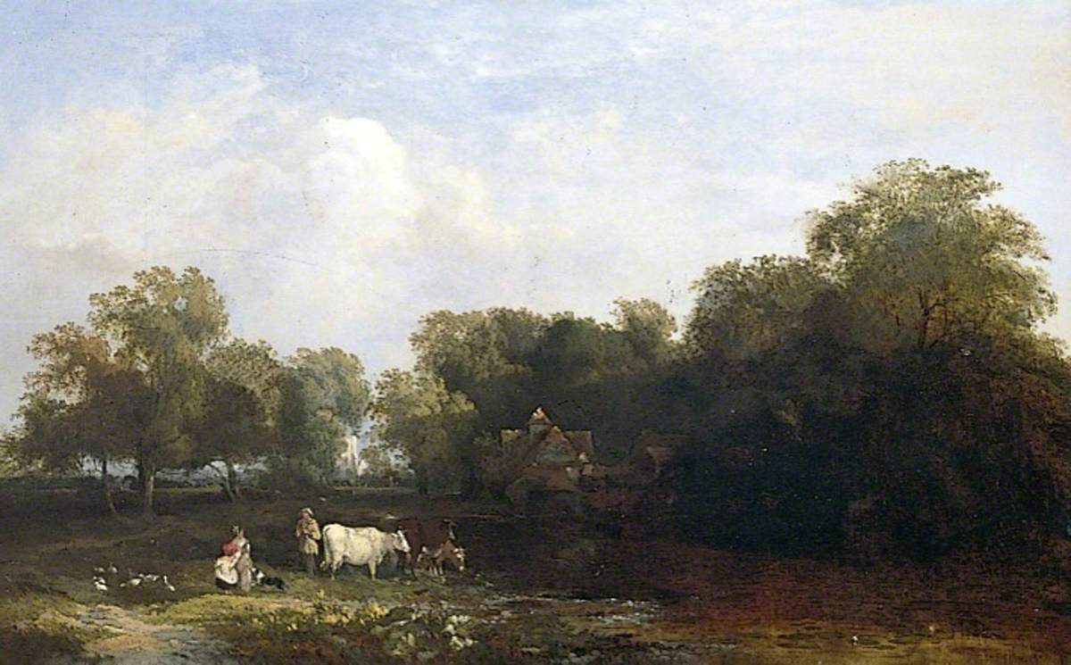 Wooded Landscape with Figures, and a Church in the Distance