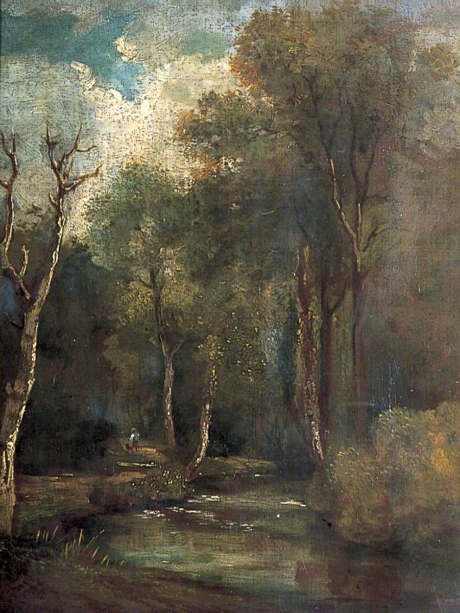 Woodland Scene with a Stream, a Man and a Dog