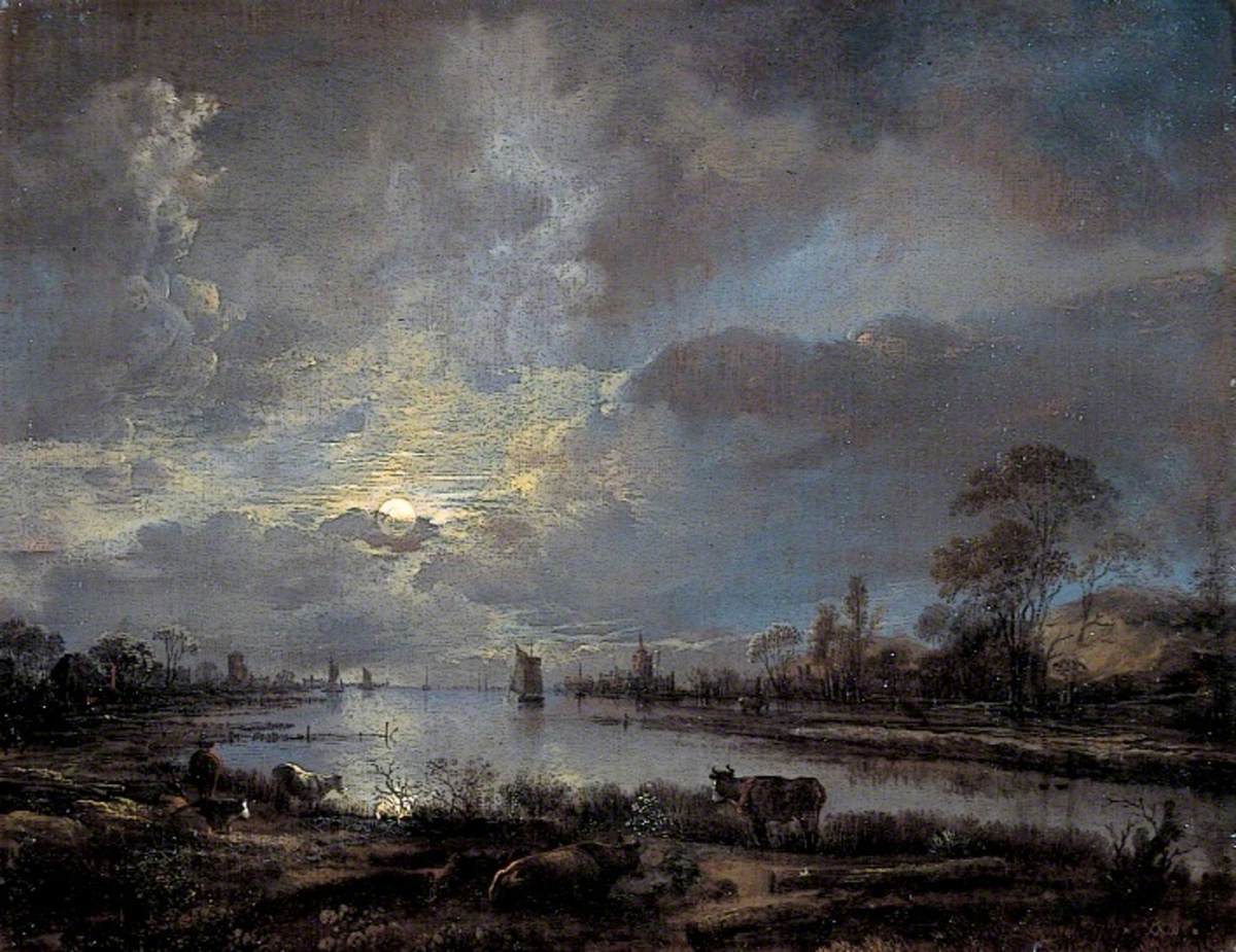 A River Moonlit Scene with Cattle