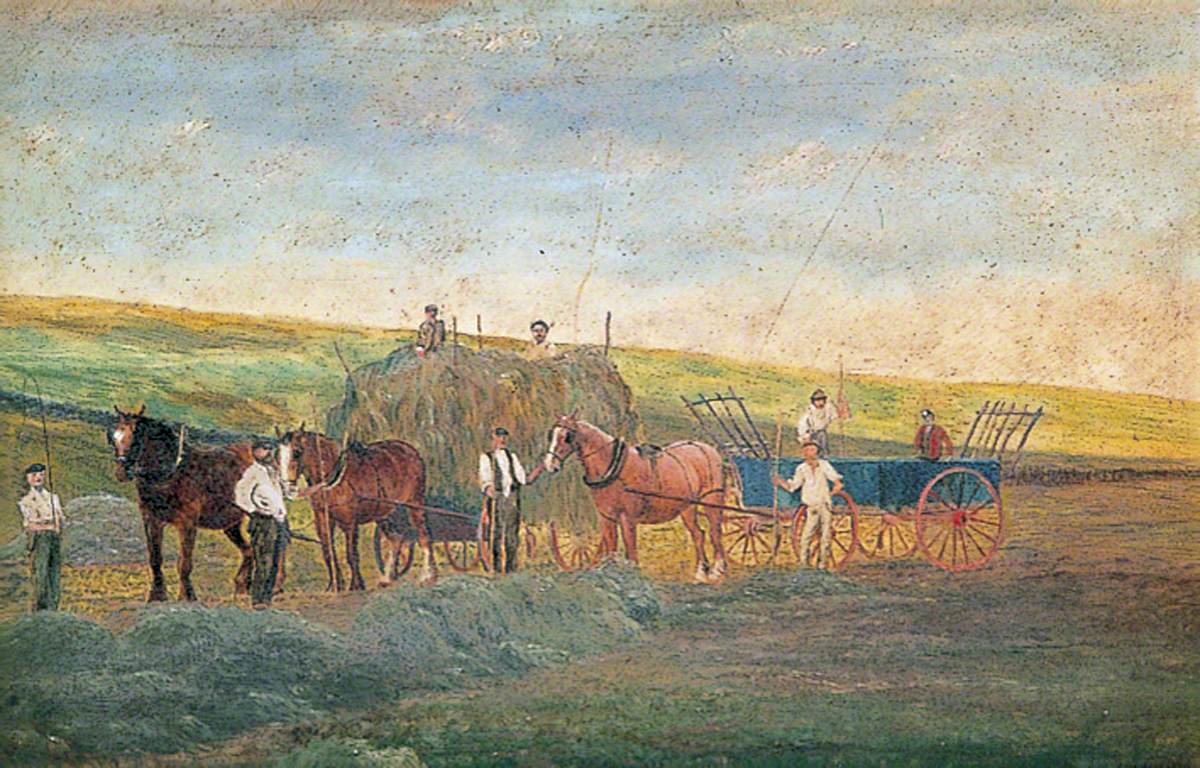Naïve Painting of Delce Farm, Rochester, Kent, Showing Haymaking