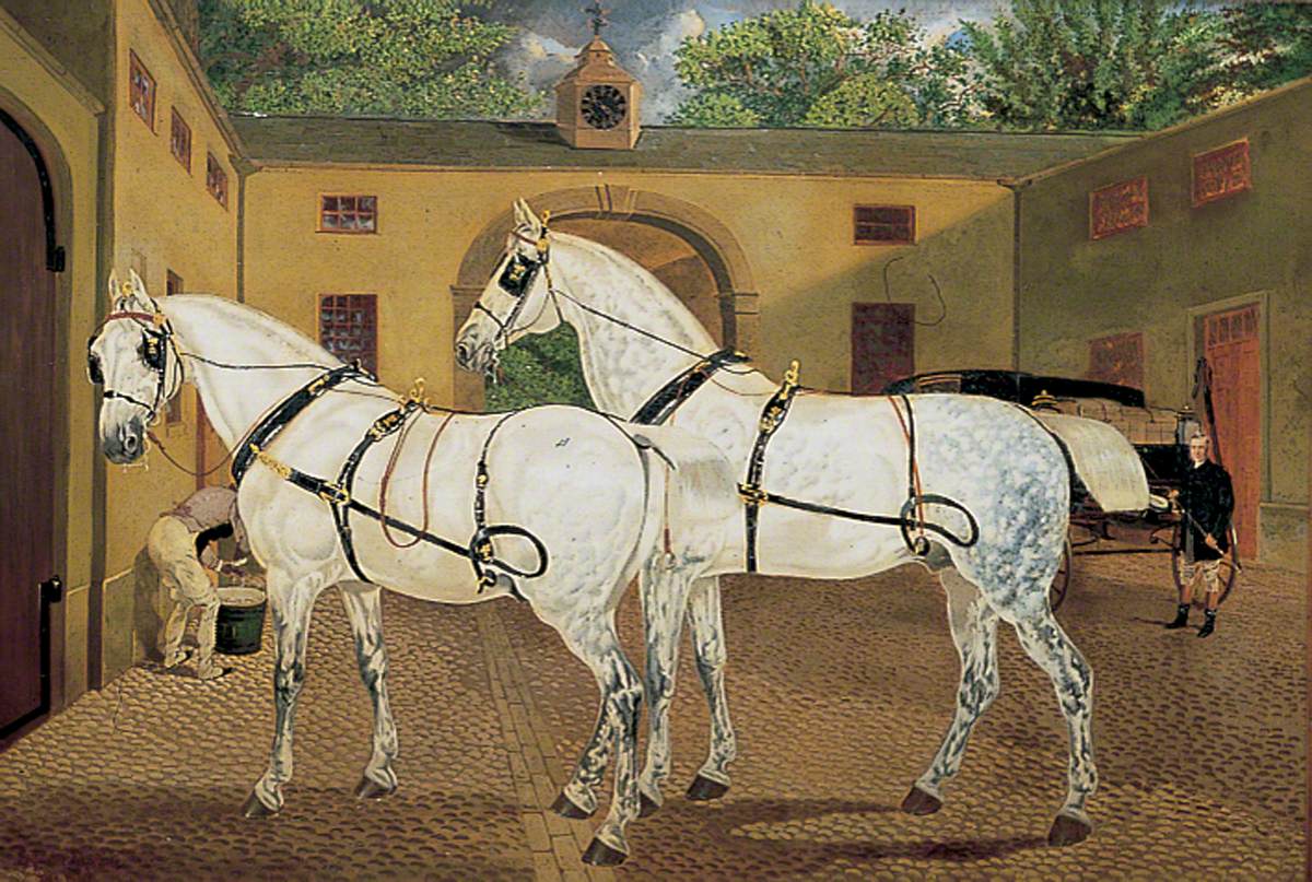 Two Grey Horses in a Stableyard
