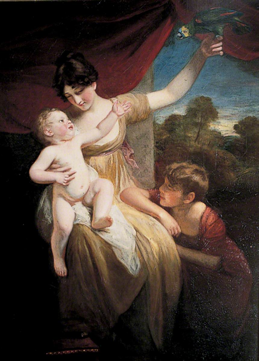 Lady with Two Children and a Parrot