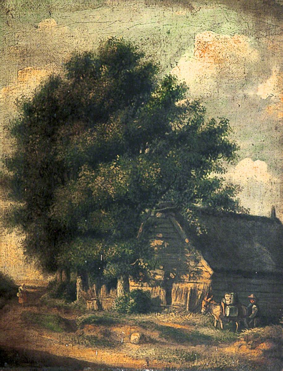 Group of Trees and Old Buildings with a Donkey