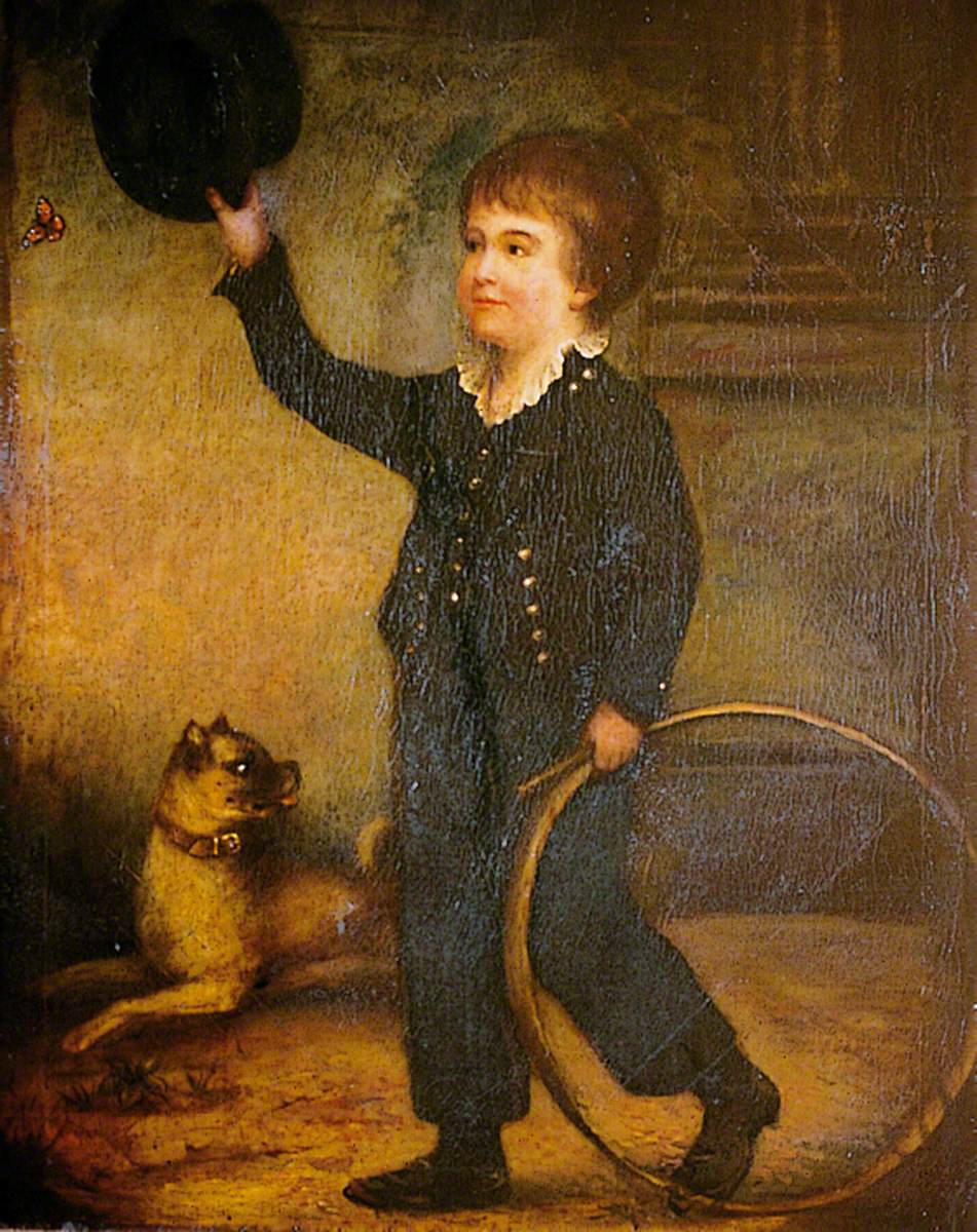 Boy with a Hoop and a Dog Chasing a Butterfly