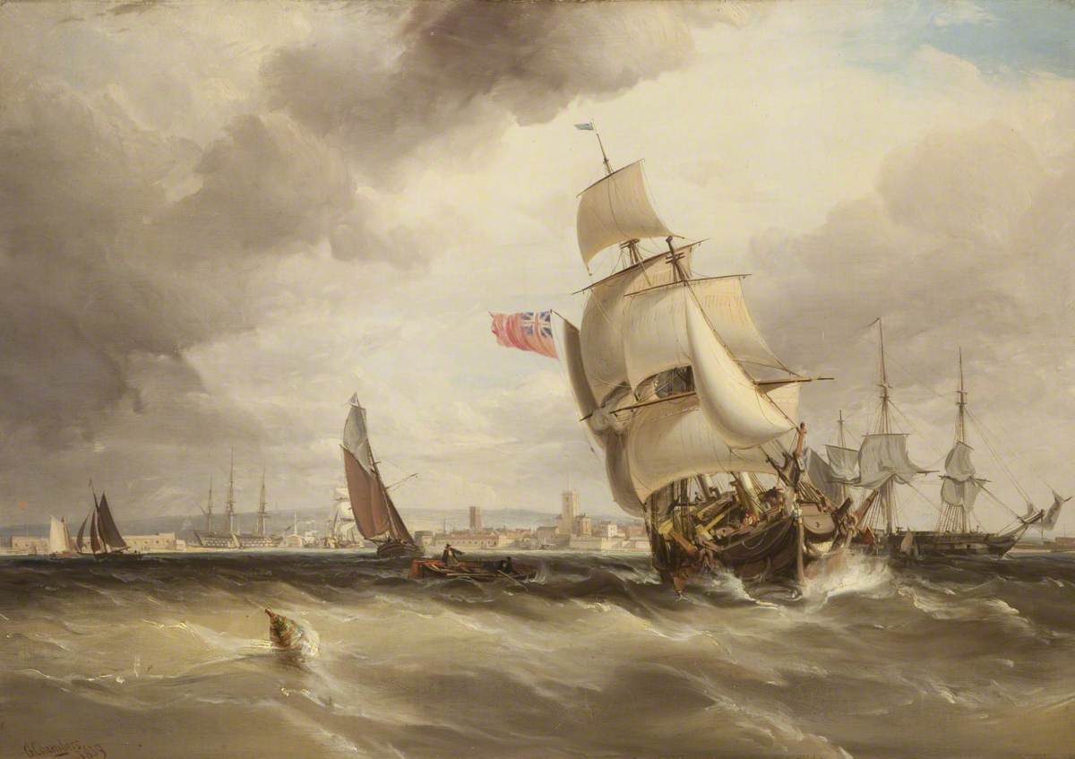 Off Portsmouth, in the Distance Nelson's Flagship, the 'Victory'
