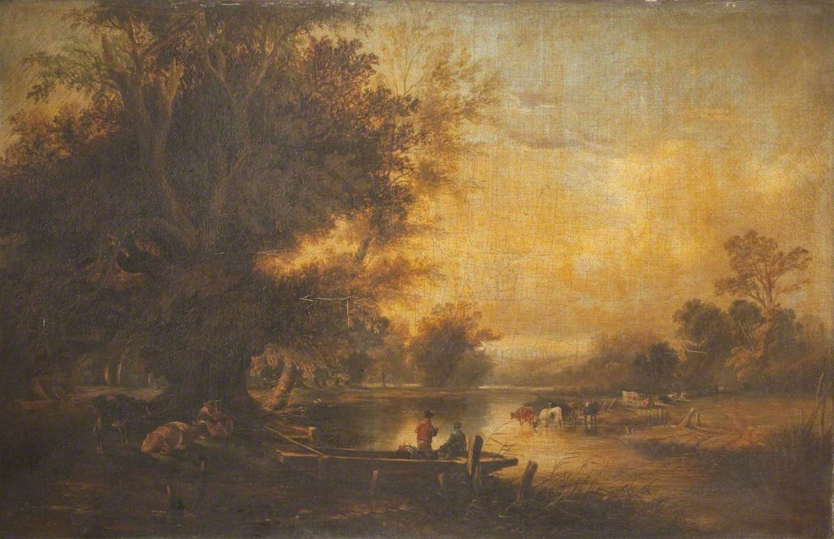 River Scene with Cattle and Two Men in a Boat