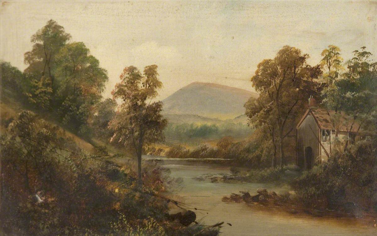Mountain and Lake with Cottage