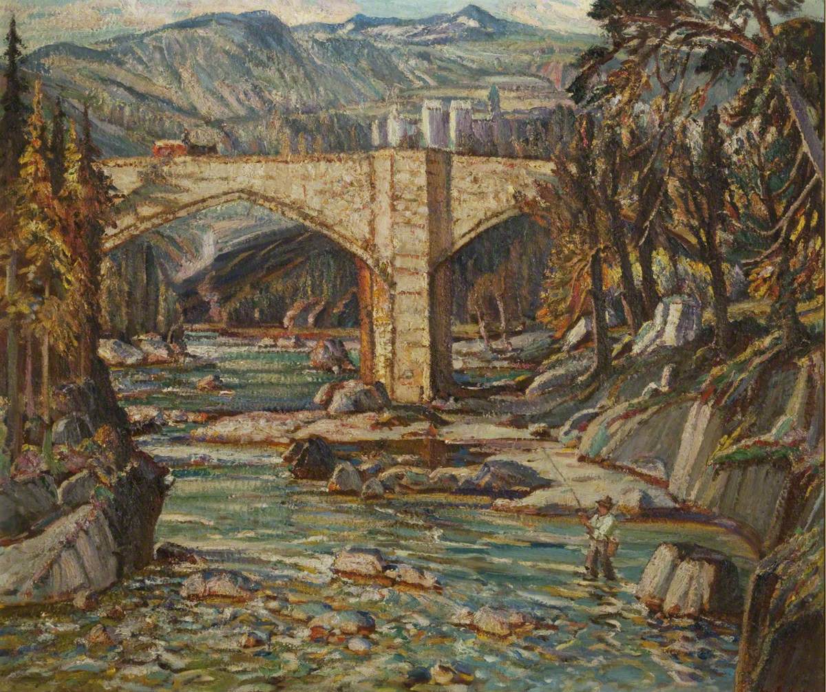 Fisherman, Upland Landscape with Bridge