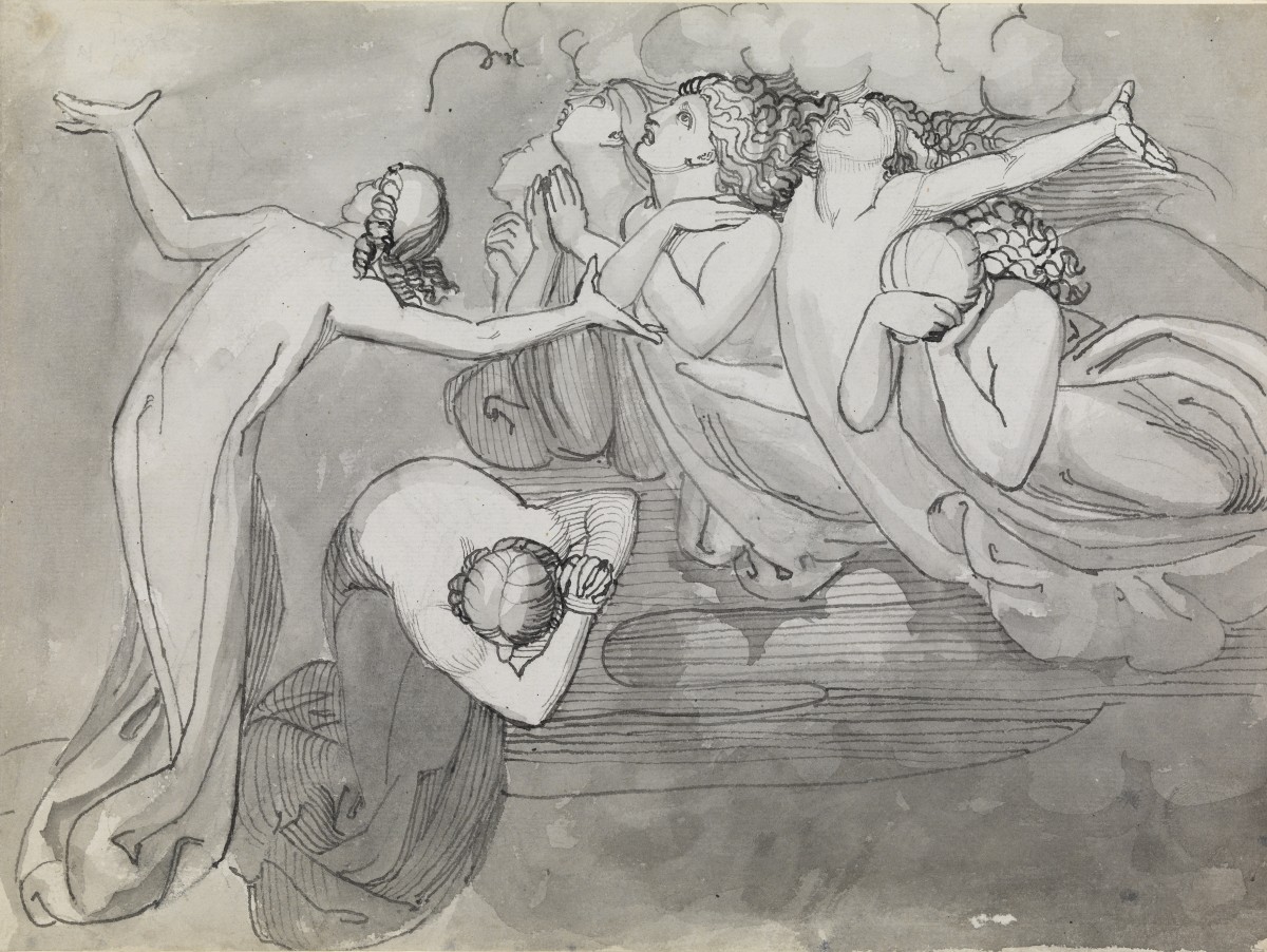 A Group of Five Lamenting Angels in the Clouds (right) Two Female Figures (left)