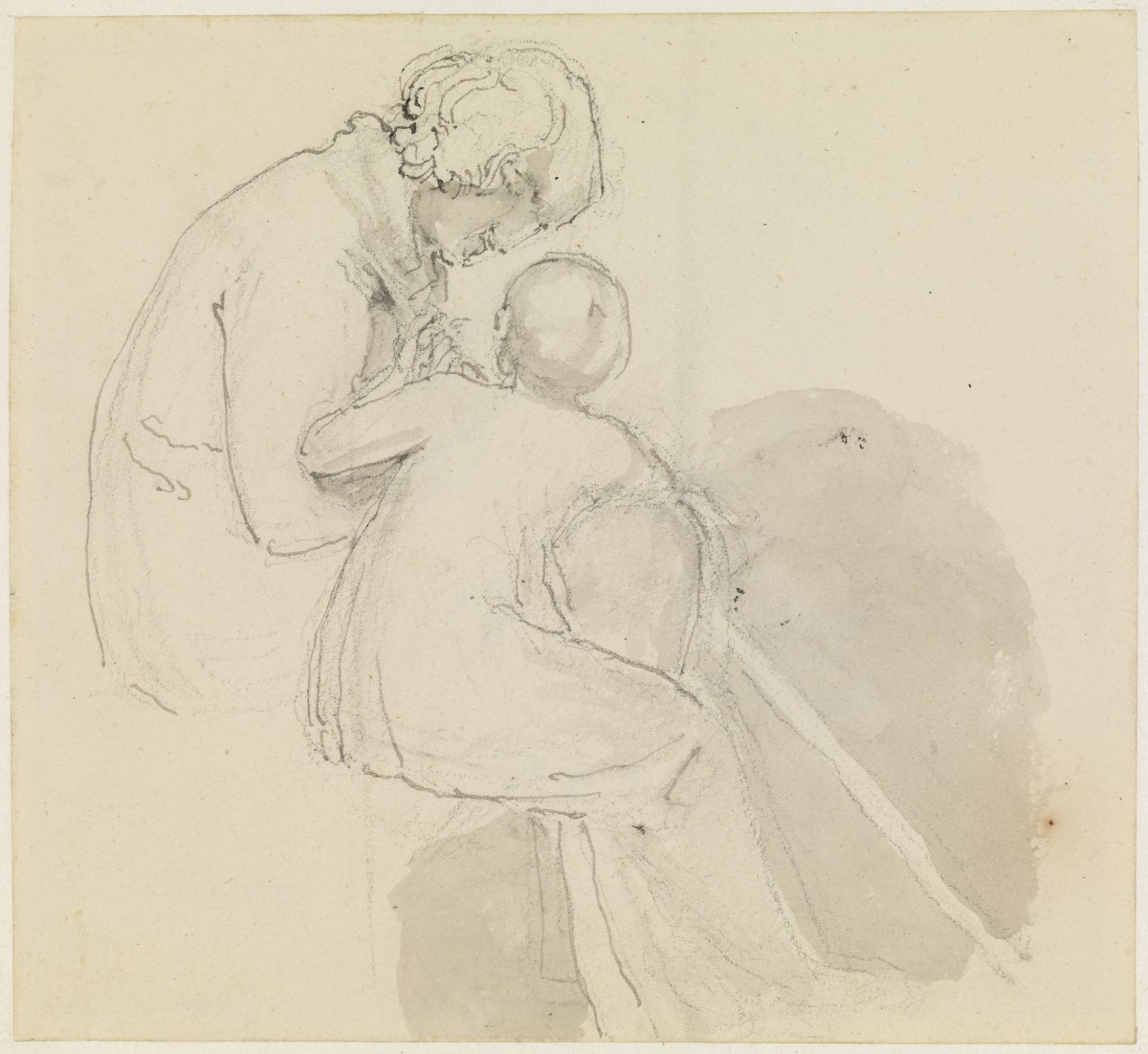 A Young Girl Seated Beside an Old Man with a Crutch