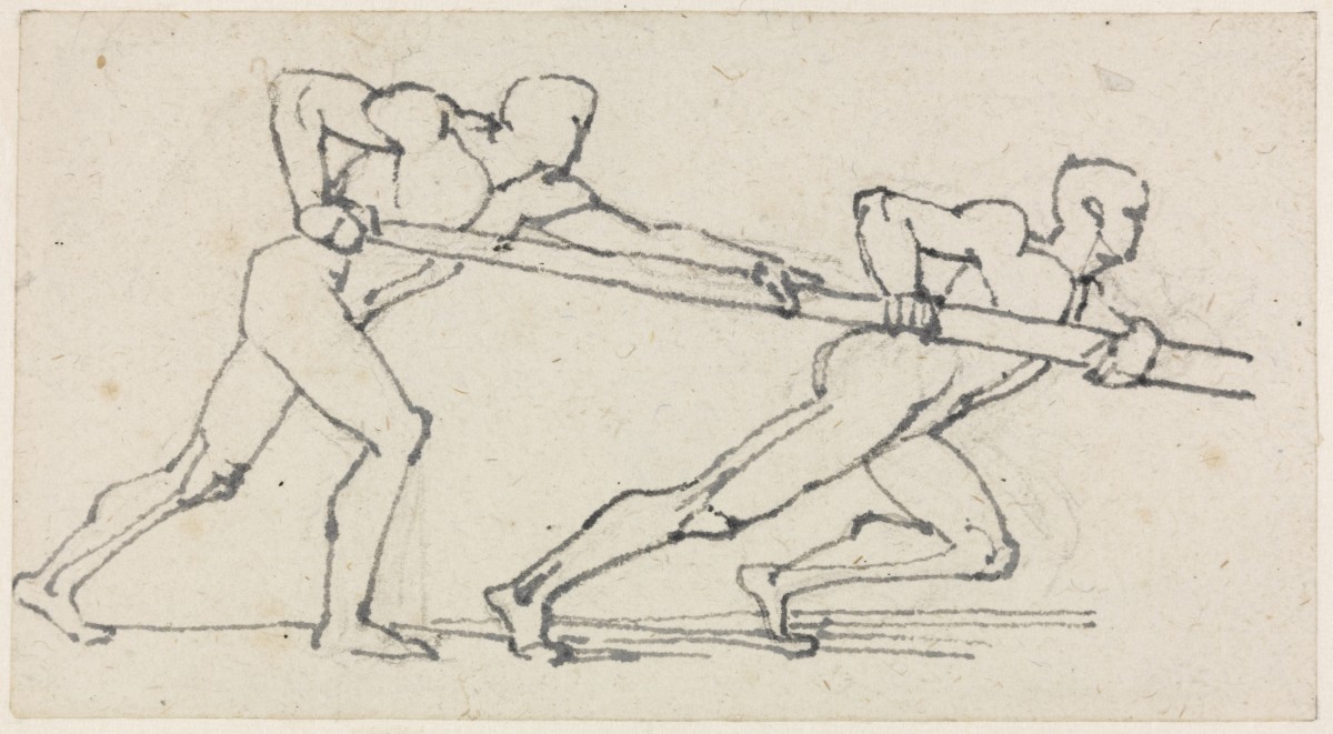 Two Male Figures Pushing a Pole to the Right