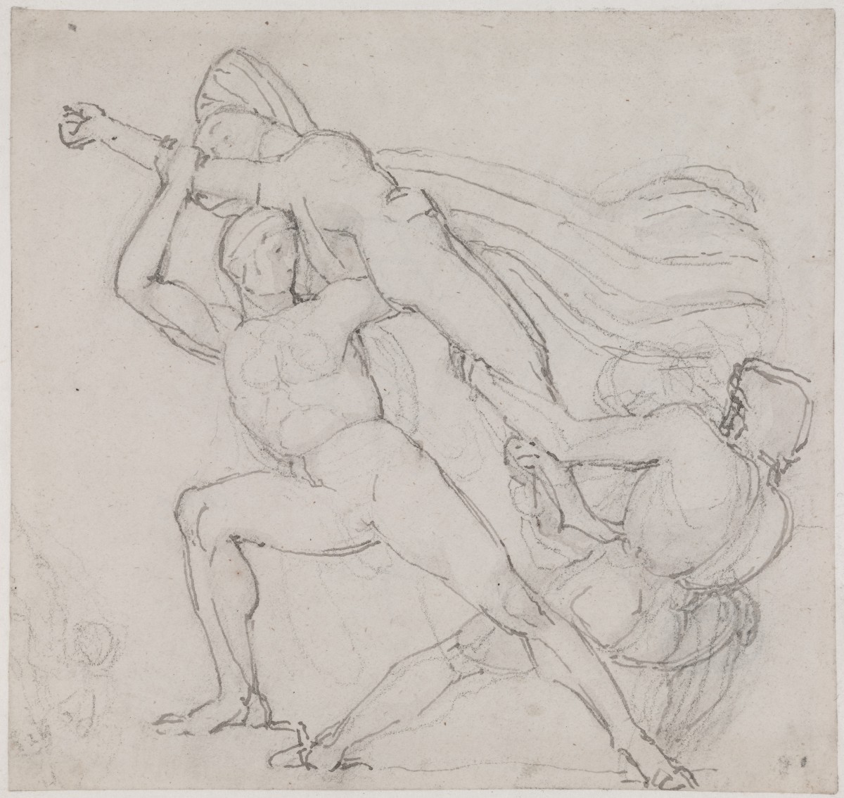 Two Figures Fighting over a Third Extended Between Them