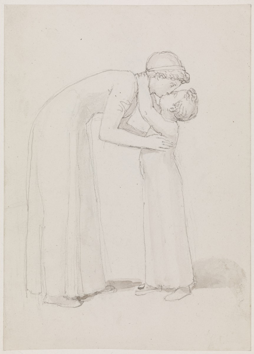 A Woman, Left, Bends Down to Kiss a Child