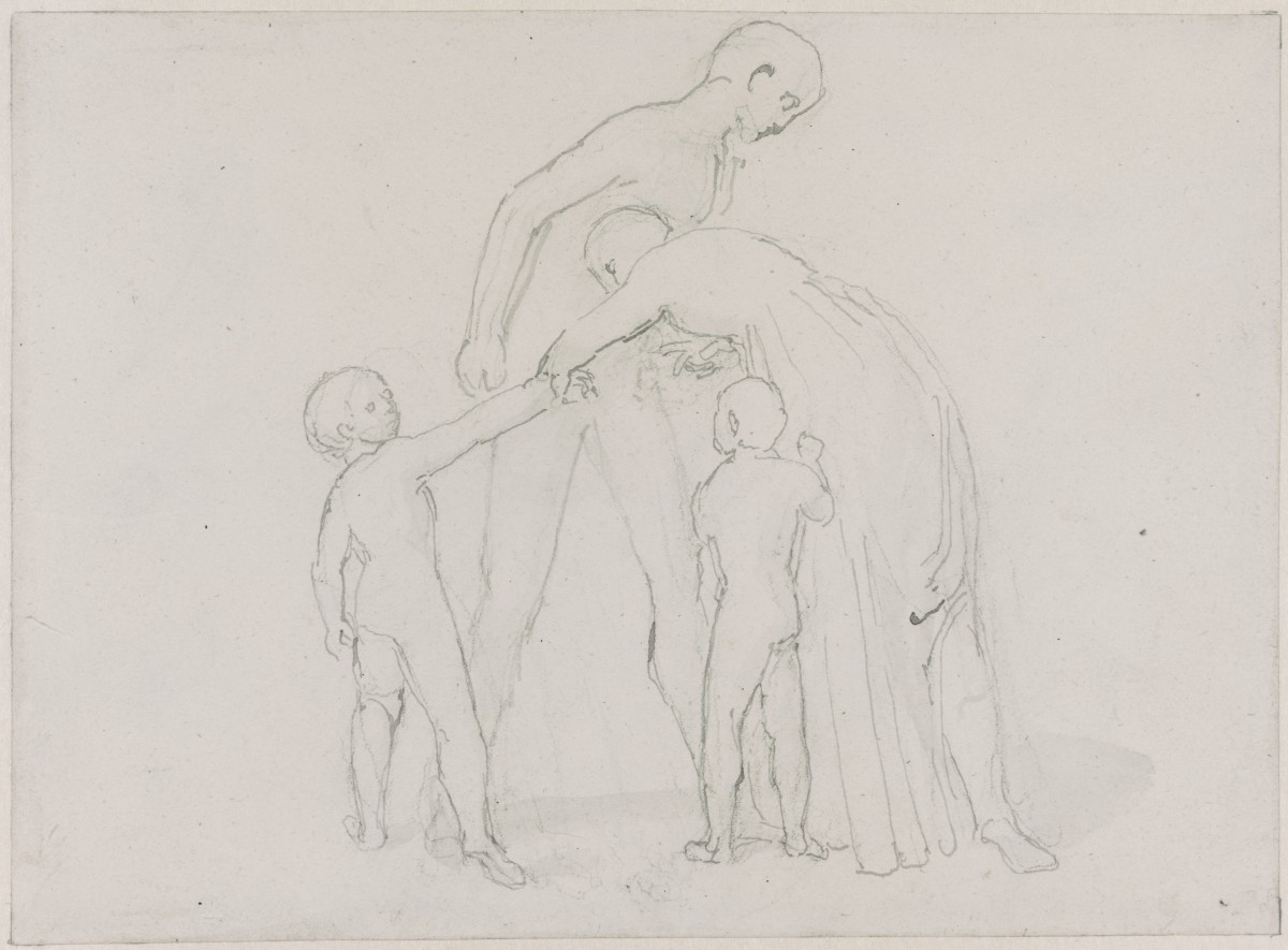 A Male Figure Stands to the Right, His Body Inclined Slightly Left