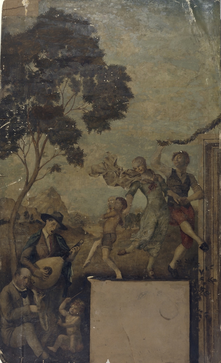 Rural Scene with Putto Conducting Two Men Playing the Lute and Saxophone and Figures Dancing