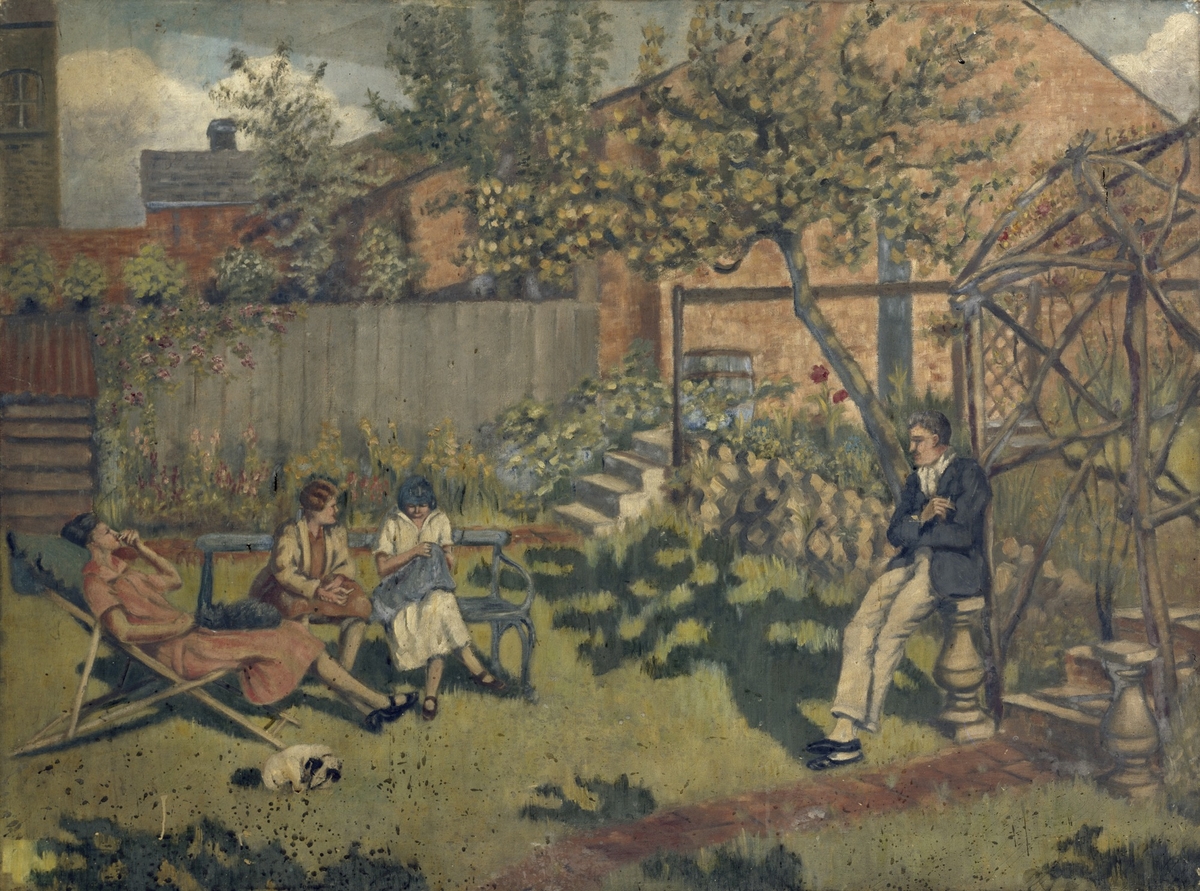 A Summer Day Figures Resting In The Garden Of A Suburban House