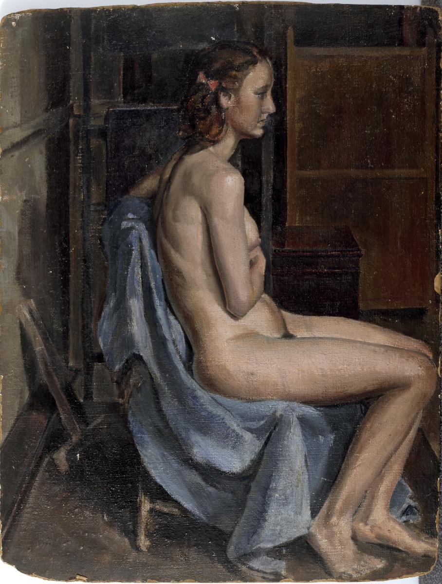 Female Figure Seated on a Chair with Blue Drapery