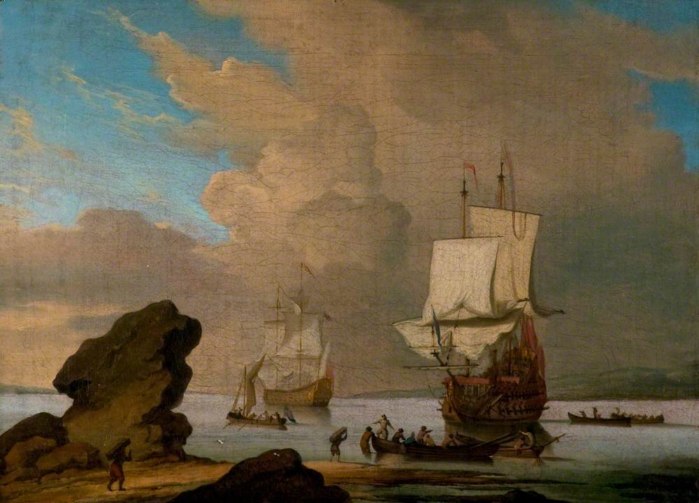 Seascape, Ships and Boats in a Calm off a Rocky Shore