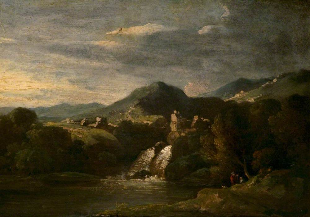 Mountainous Landscape with a Waterfall and Figures