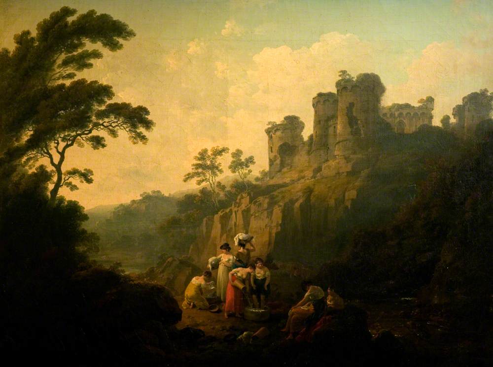 Women washing clothes in a stream below a ruined castle