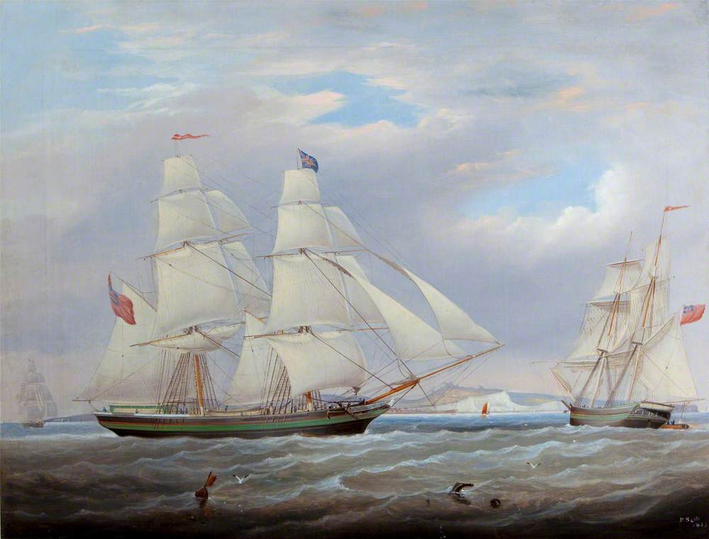 Two-Masted Ship off the Coast in Three Positions