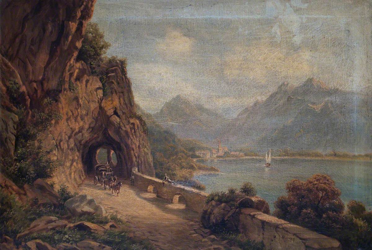 Alpine Lakeside View, with a Three-Horse Coach