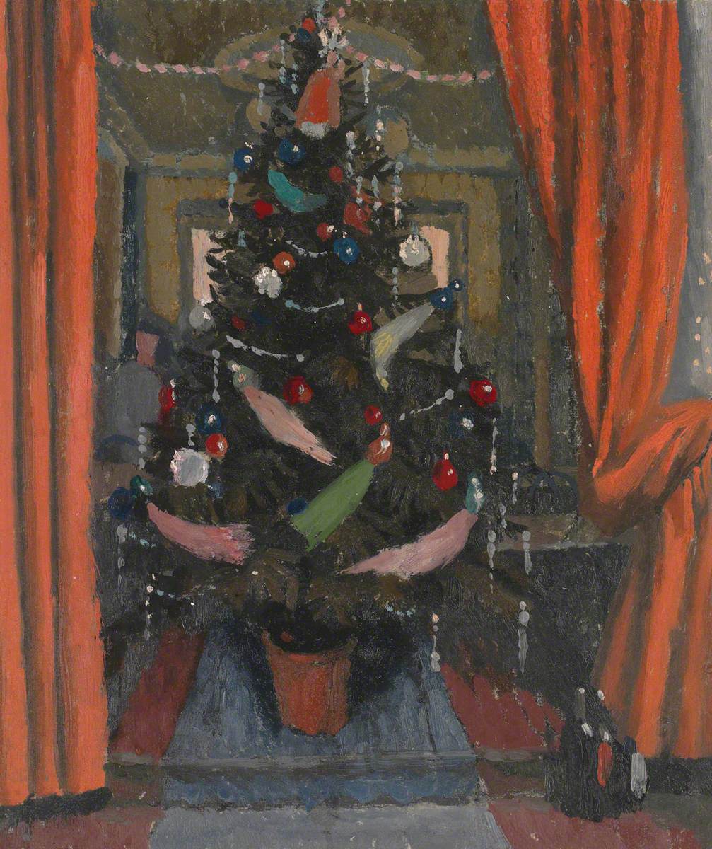 Christmas Tree Viewed through Red Curtains