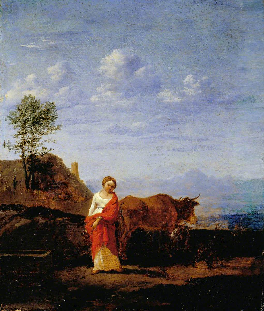 A Woman with Cows on a Road