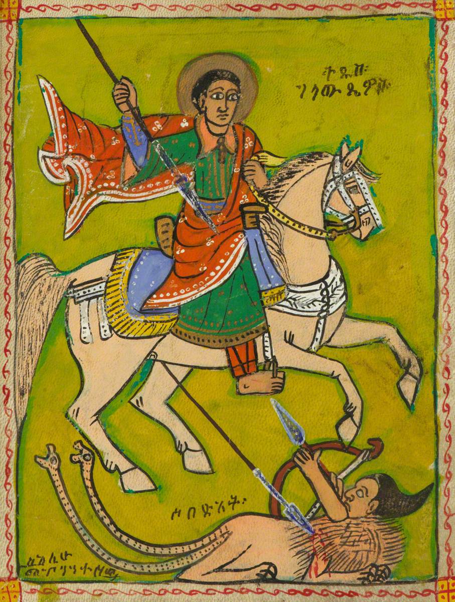 Rider on a White Horse Fighting Against a Mythical Creature