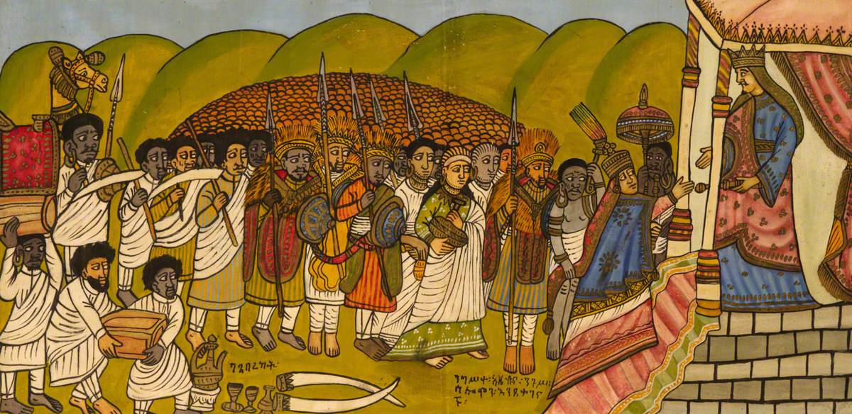 Group of People Bearing Gifts for a Kingly Figure