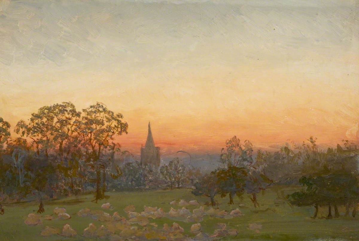 Sunset in Orchard with Sheep