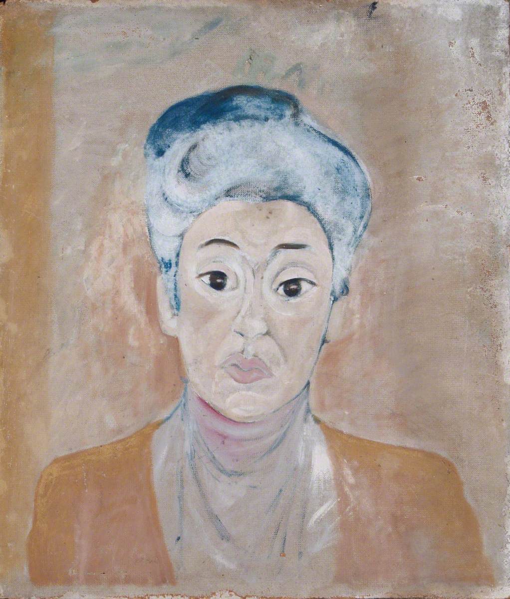 Woman with Blue-White Hair and Light Brown Coat