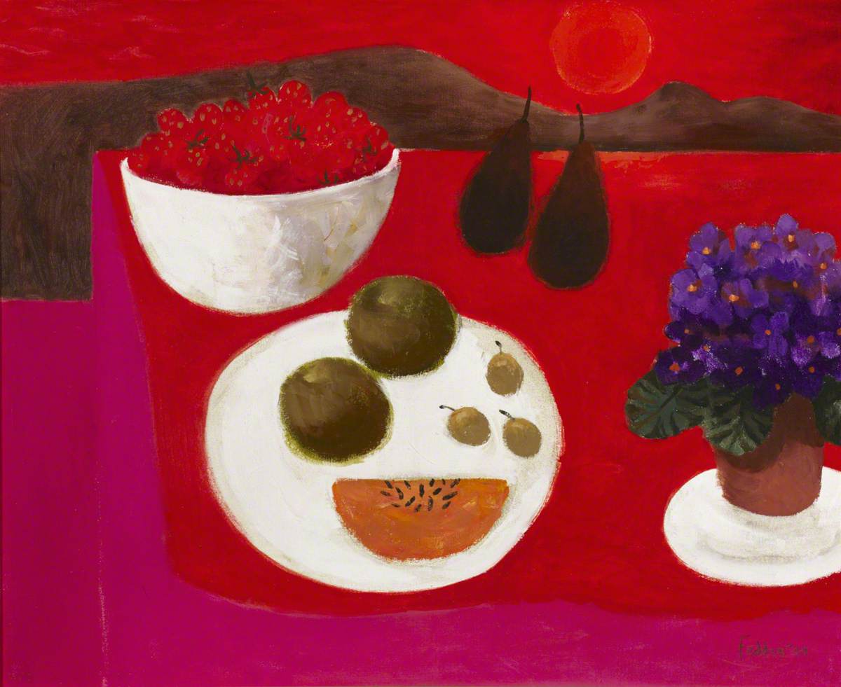 Fruit and Violets on a Red and Pink Ground