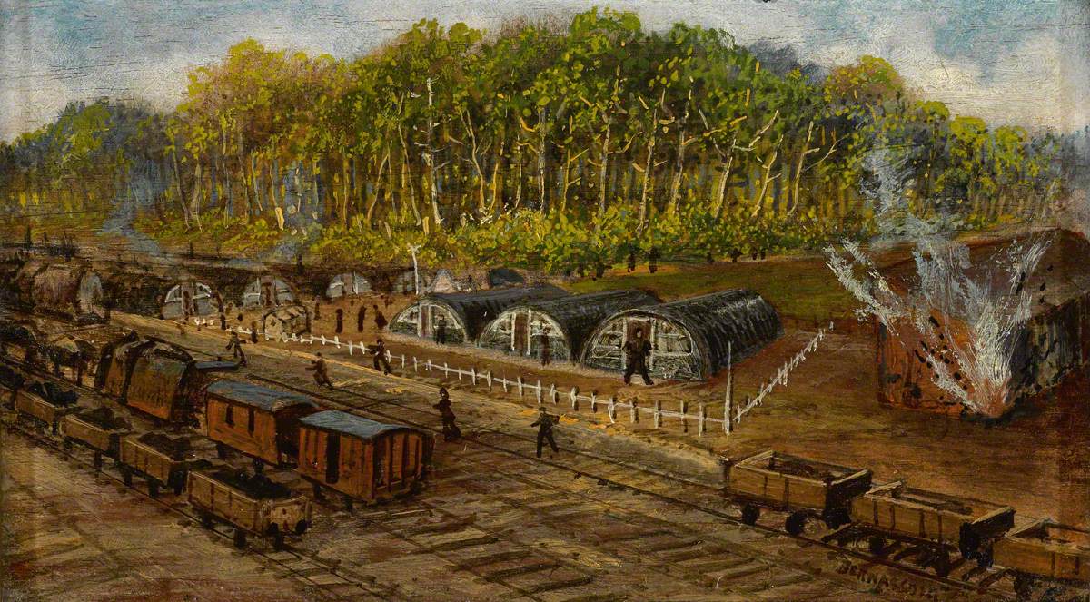 Nissen Huts by a Railway Siding with a German Shell Exploding beside a  Building | Art UK