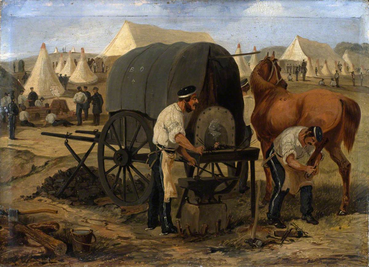 Farriers of the 17th Regiment of (Light) Dragoons (Lancers) Shoeing a Horse from a Mobile Forge, Chobham Camp