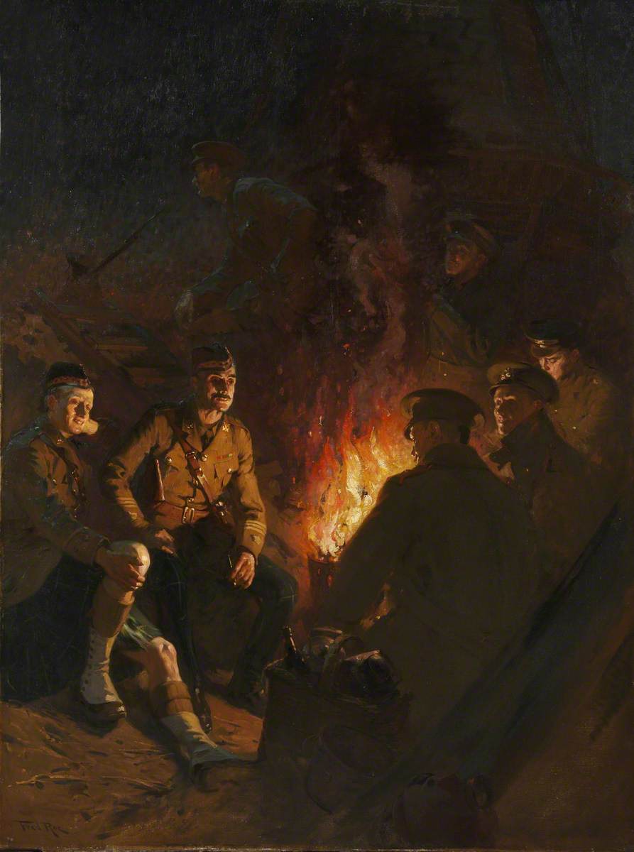 Somewhere at the Front, Soldiers Around a Camp Fire at Night, Western Front