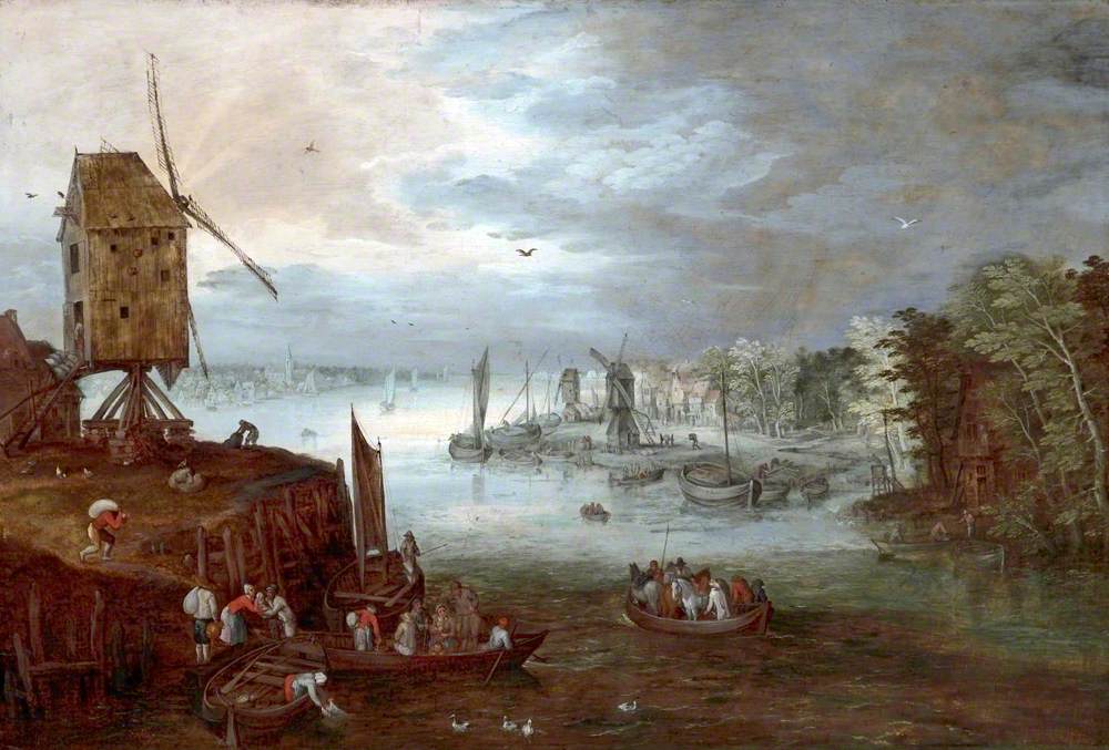 Dutch Landscape with Windmills and Boats