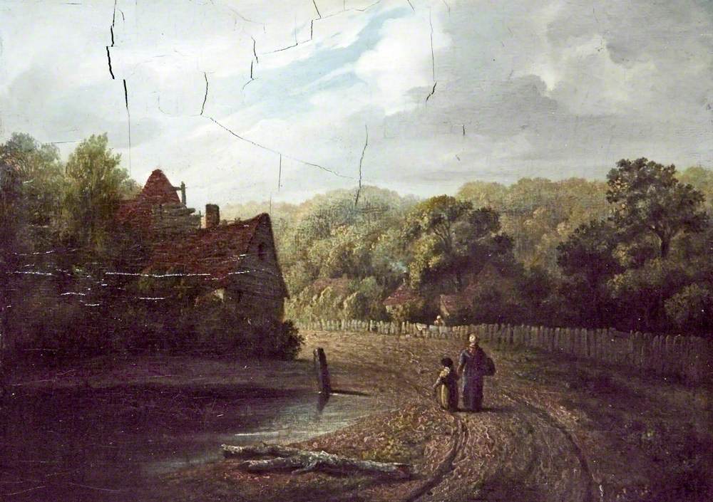 Pond and a Cottage, a Woman and a Child
