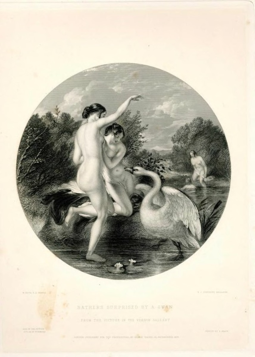 Bathers suprised by swan