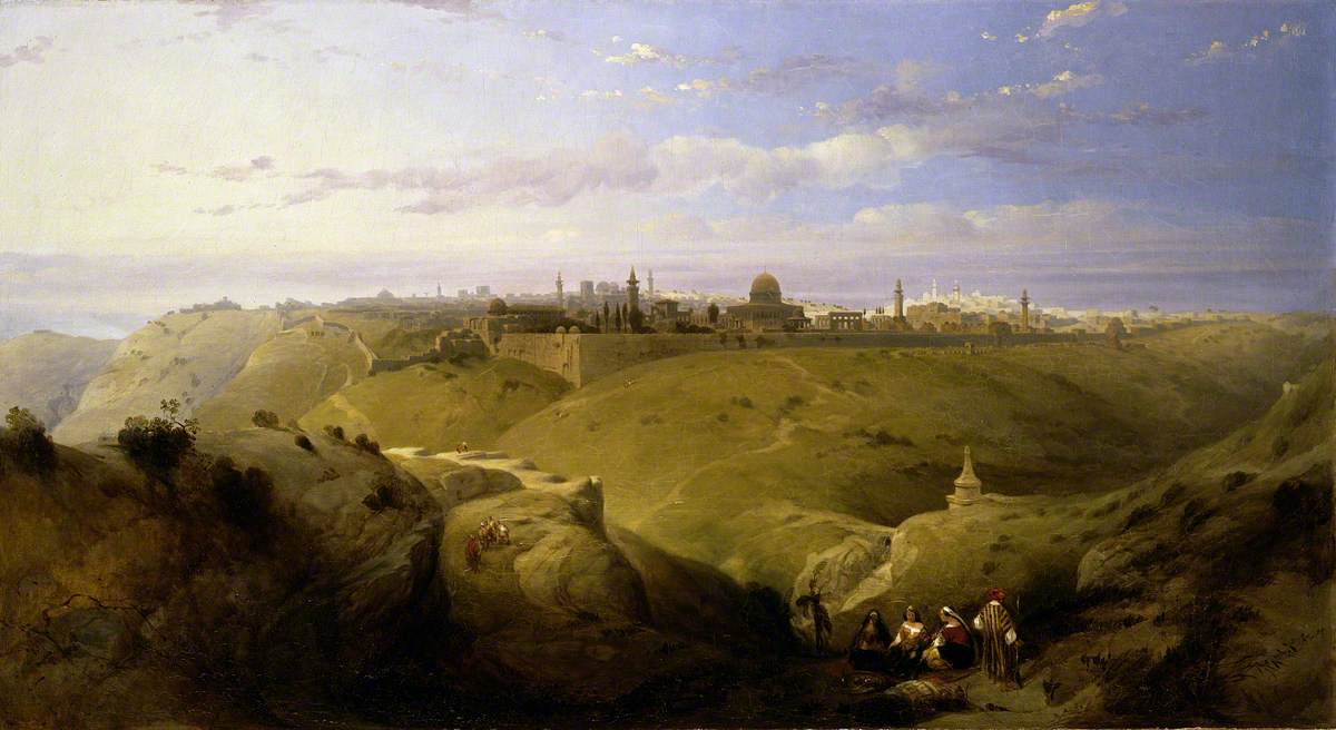 Jerusalem from the Mount of Olives with Pilgrims Entering from the River Jordan
