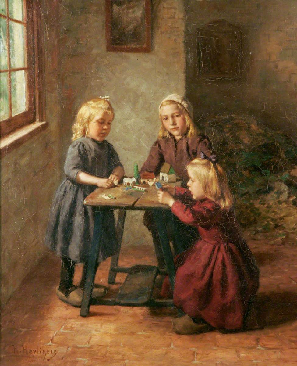 Three Children Playing with a Toy Farm