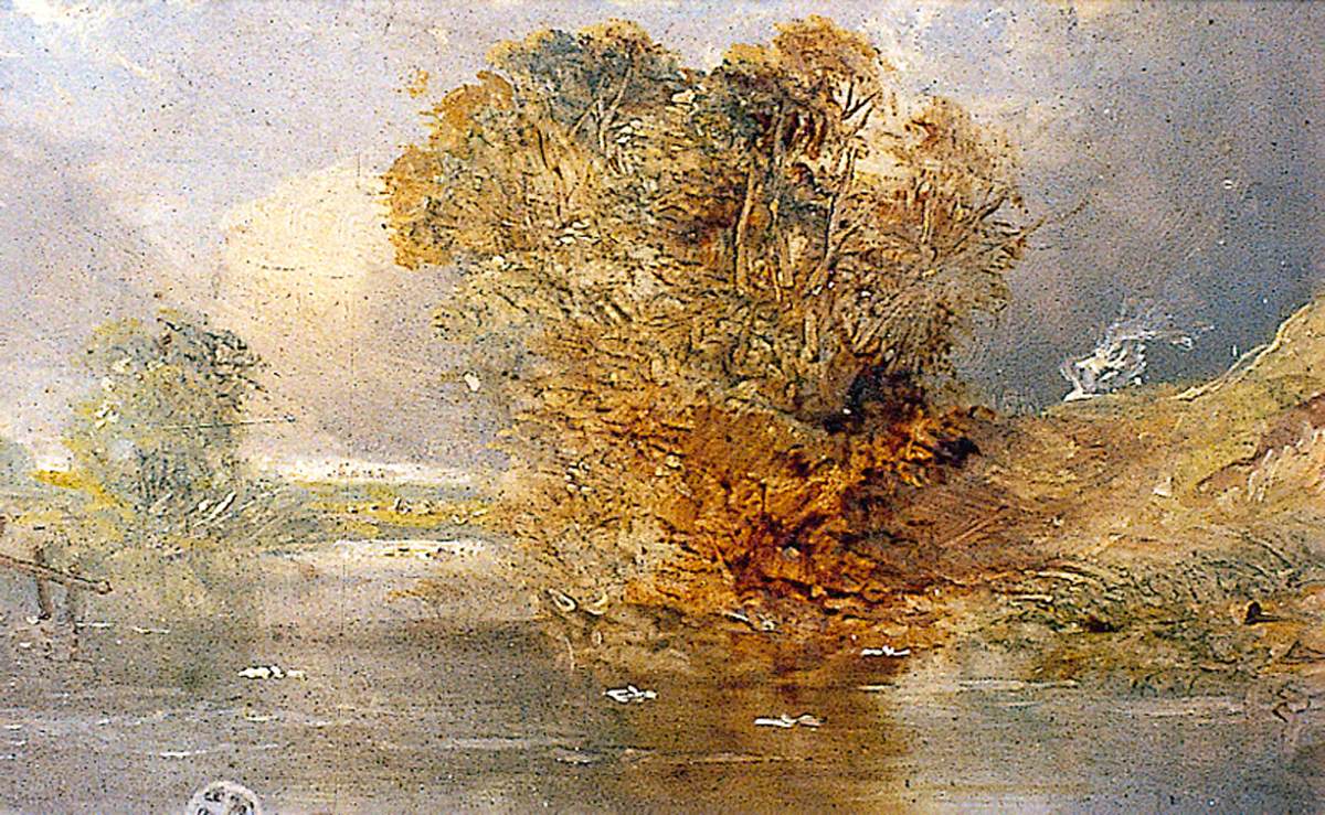 River Scene with a Tree to the Right and Wooden Palings on the Left