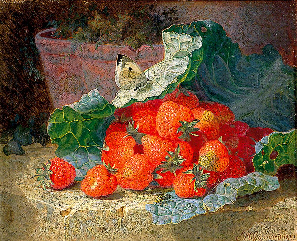 Strawberries in a Cabbage Leaf on a Table with a Flower Pot Behind
