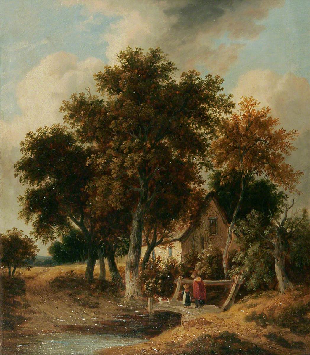 Footbridge over a Stream, with a Woman, Child and Dog