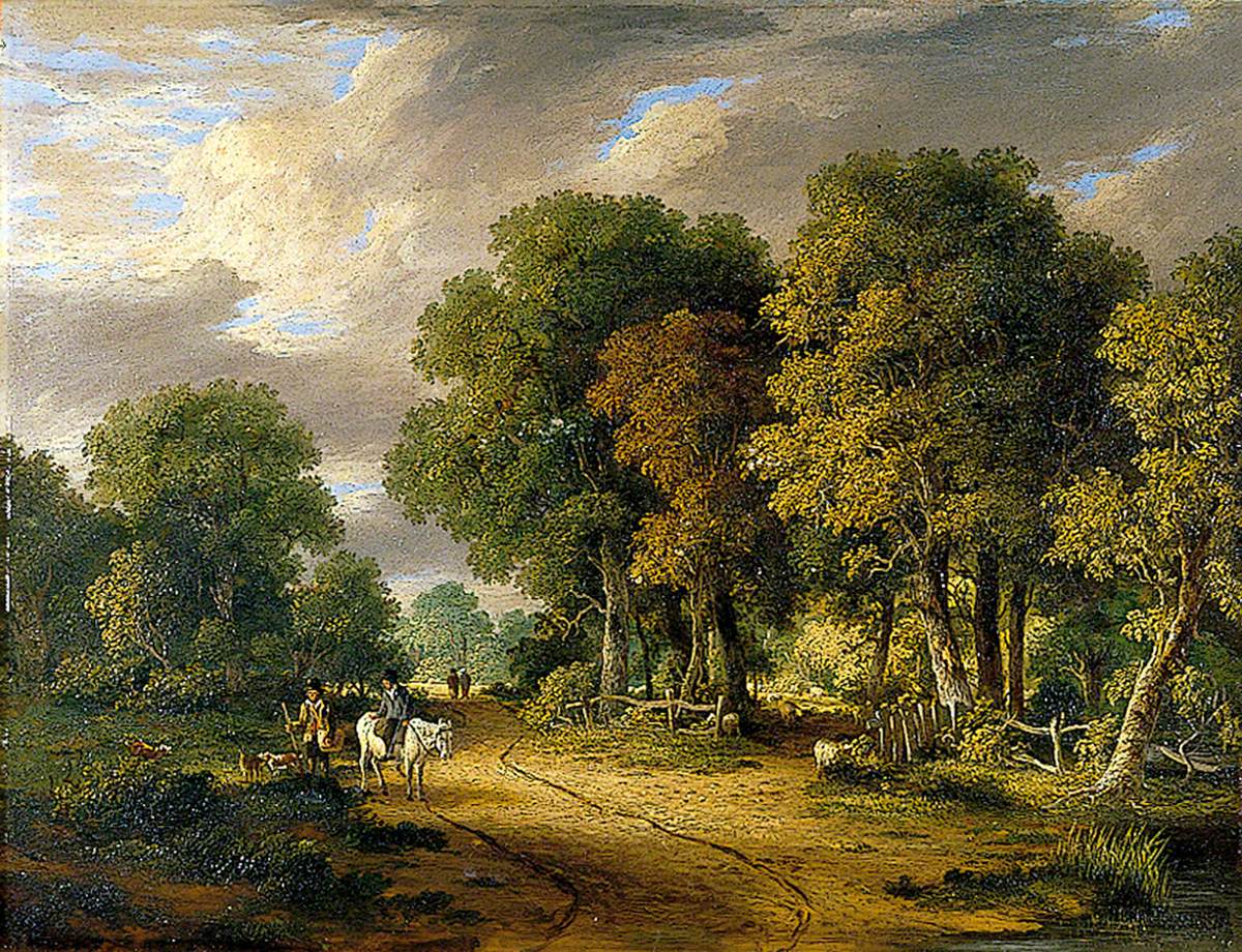 A View through Trees with a Horseman and Other Figures, Cattle and Sheep