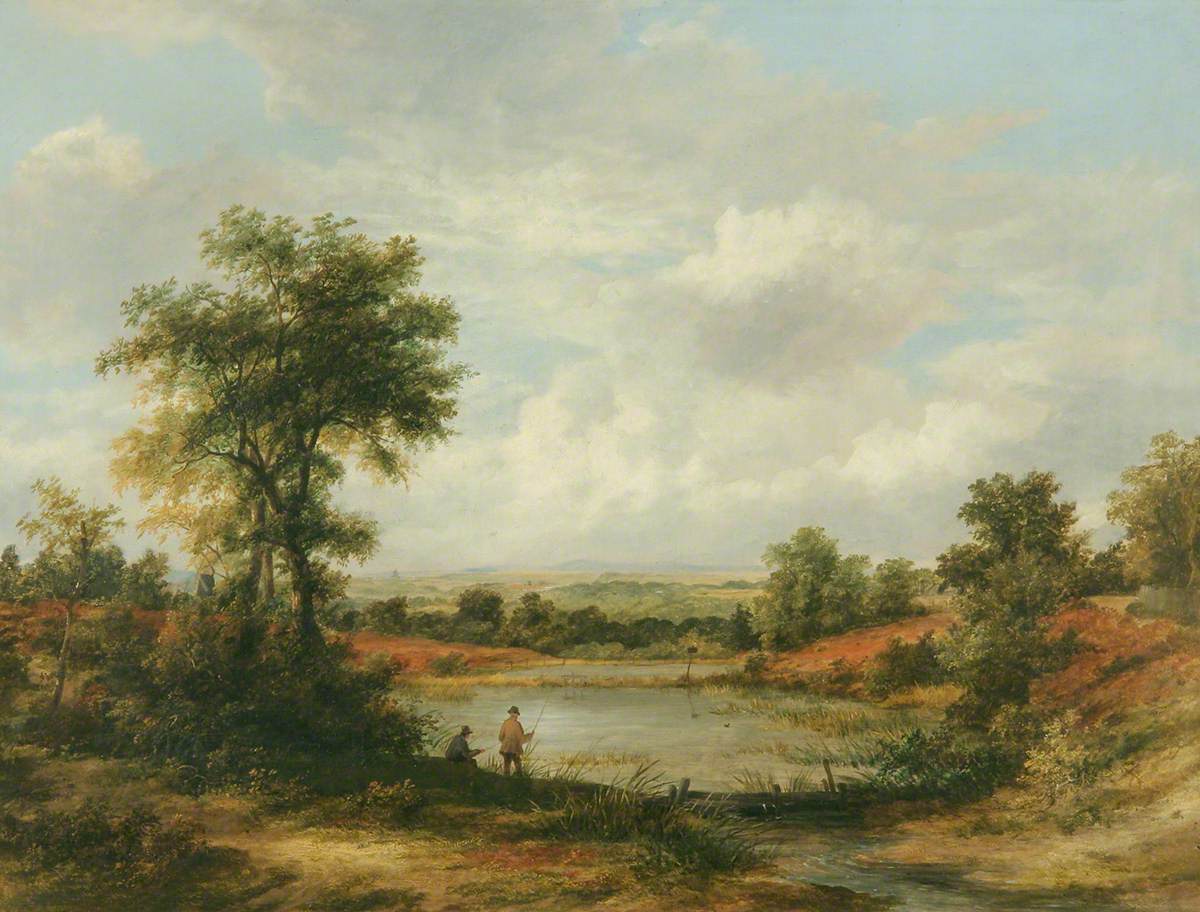 Lake Scene, with Two Men Fishing