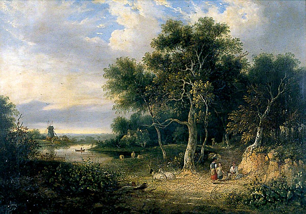 Landscape with a River and Mill, Sheep in Foreground