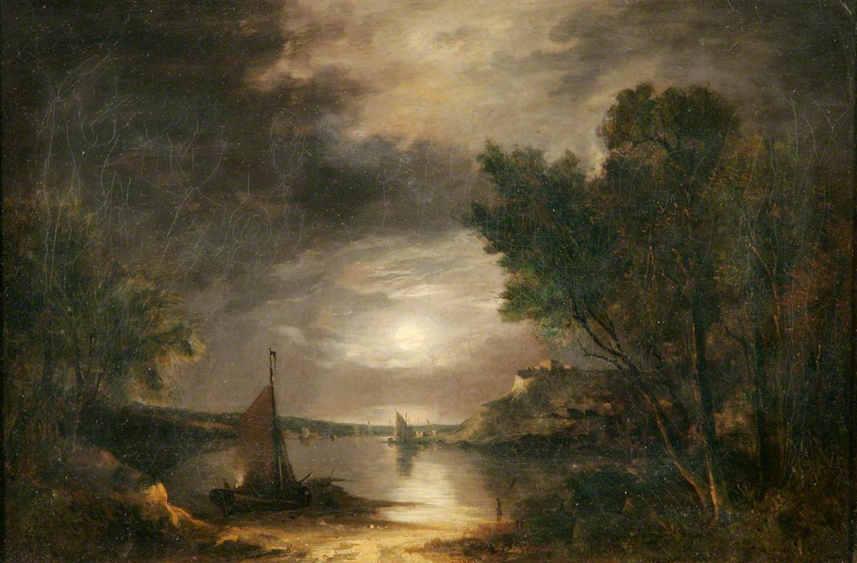 River Scene by Moonlight